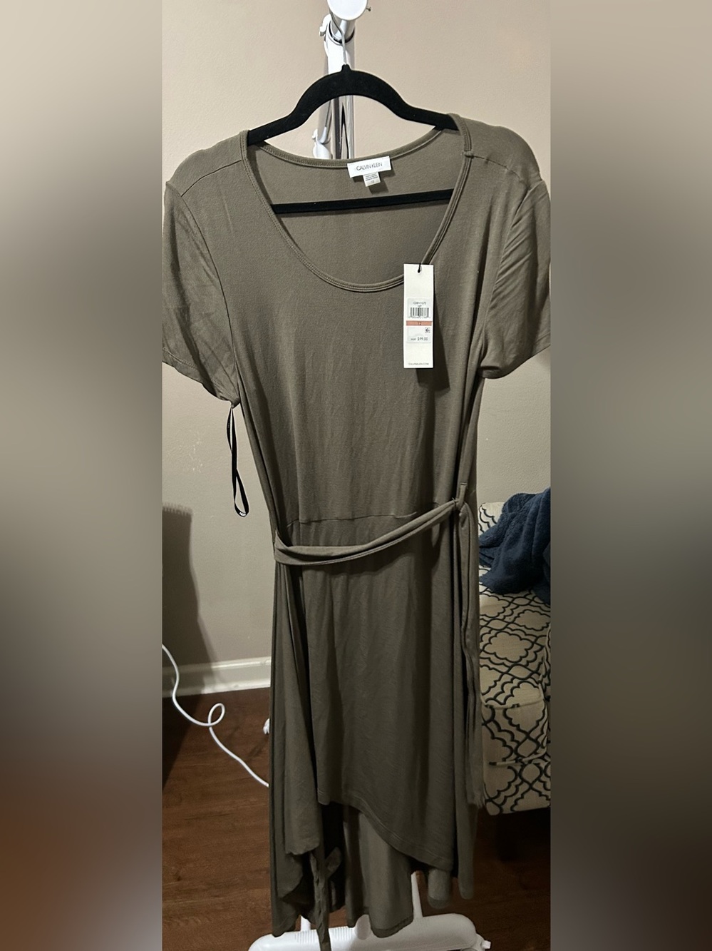 Calvin Klein Olive Green Belted Asymmetrical Hem Dress